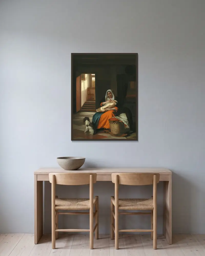 Mother Nursing Her Child av Pieter De Hooch inramad på en vägg