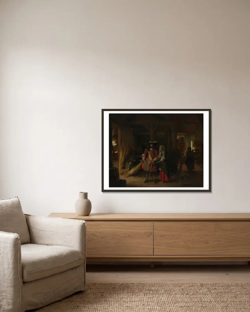 Placení hostinské, Pieter De Hooch v rámu na stěně