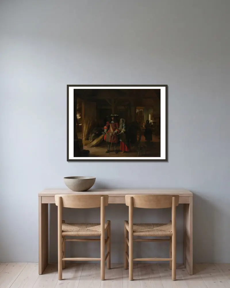Placení hostinské, Pieter De Hooch v rámu na stěně