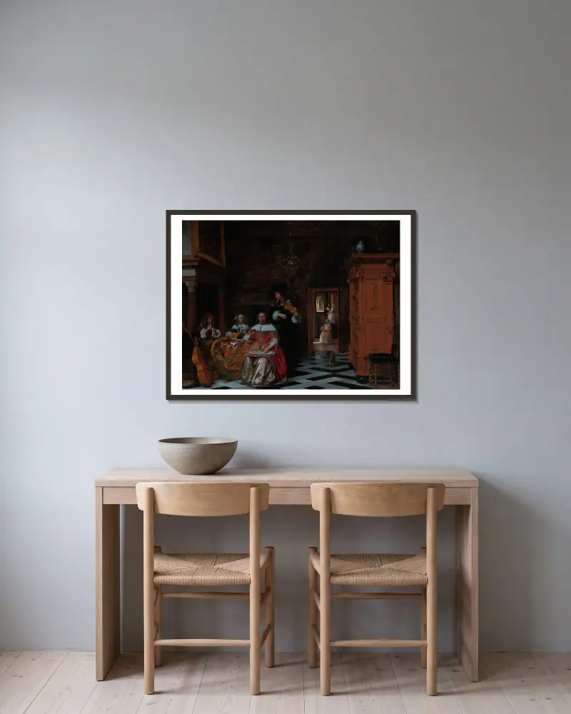 Portrait of a Family Playing Music av Pieter De Hooch inramad på en vägg
