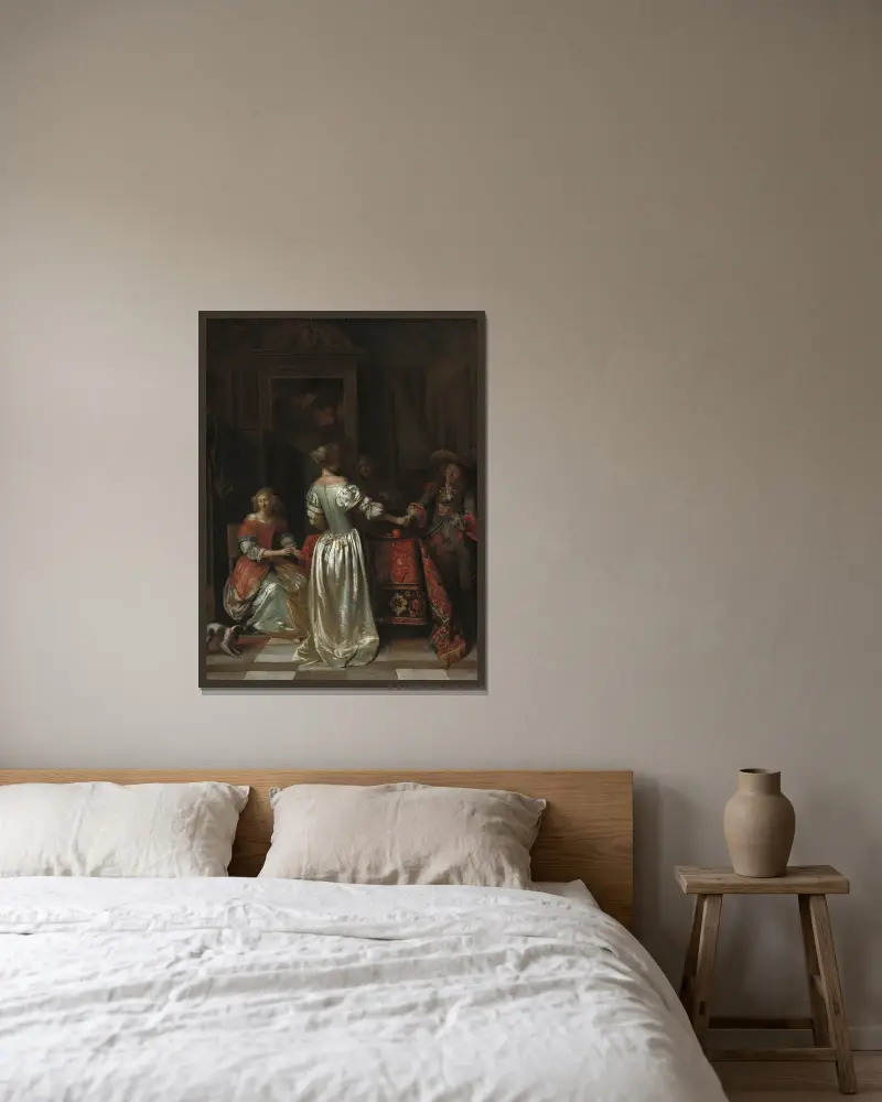Die Begrüßung von Pieter De Hooch gerahmt an einer Wand