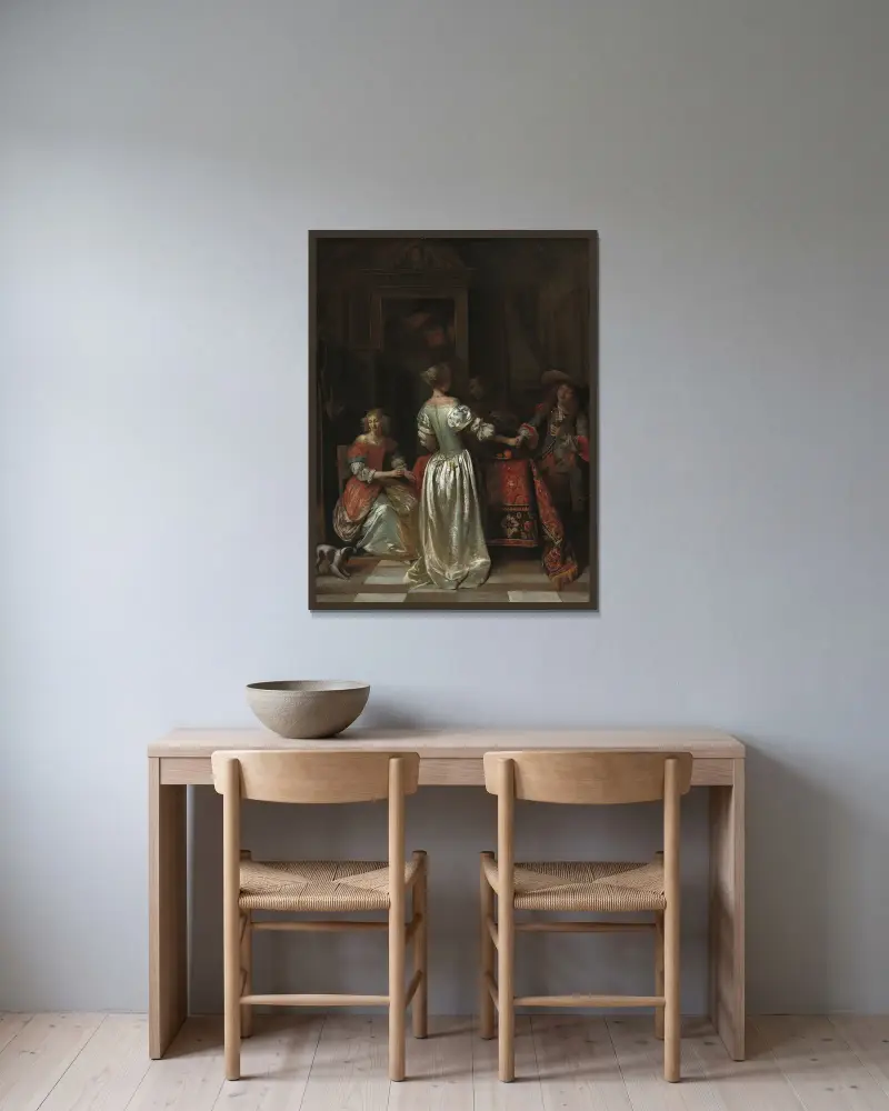 Die Begrüßung von Pieter De Hooch gerahmt an einer Wand