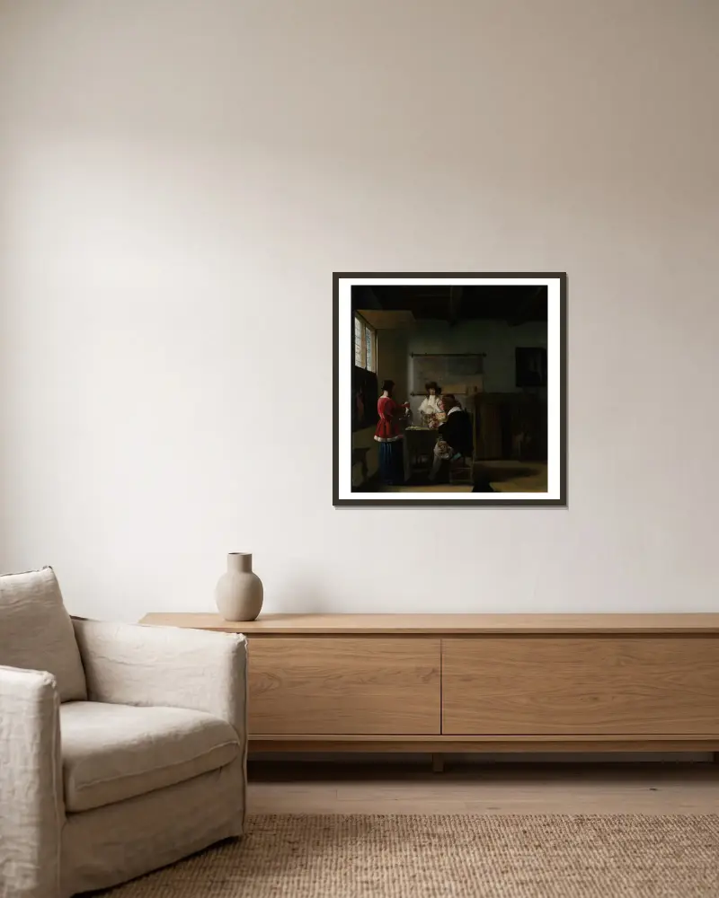 Der Besuch von Pieter De Hooch gerahmt an einer Wand