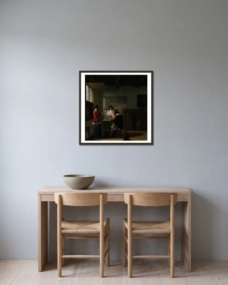 Der Besuch von Pieter De Hooch gerahmt an einer Wand
