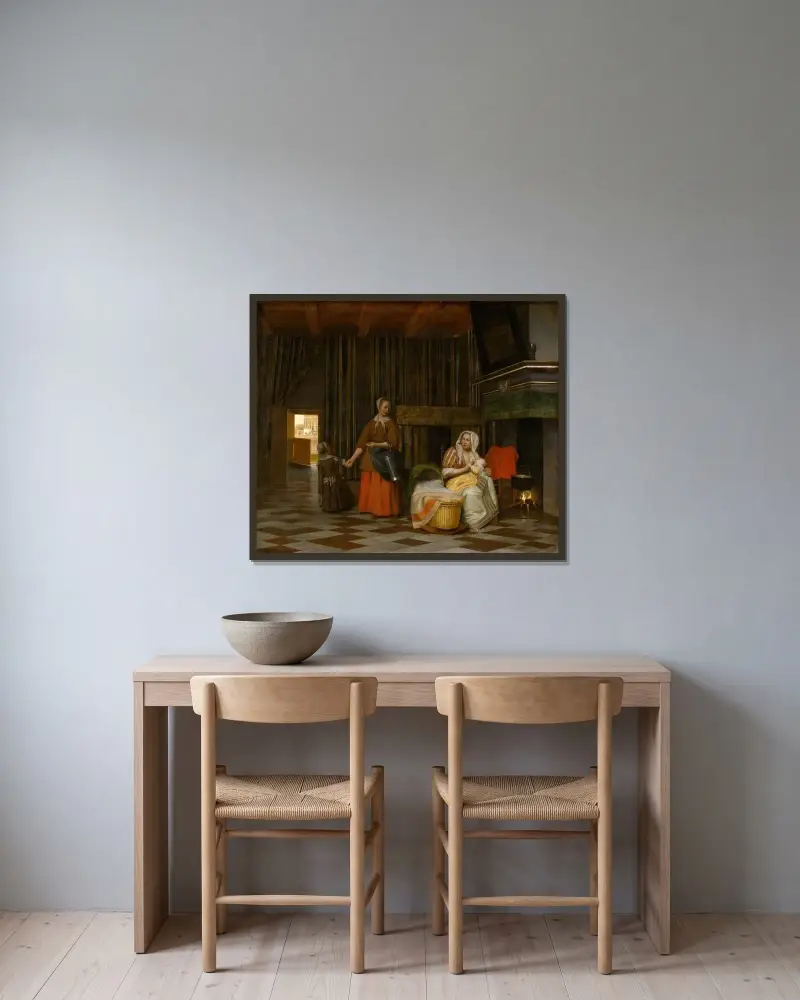 Frau und Kind mit Dienstmagd von Pieter De Hooch gerahmt an einer Wand