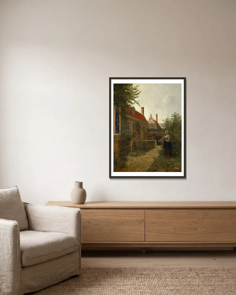 Kvinna med en korg bönor i en köksträdgård av Pieter De Hooch inramad på en vägg