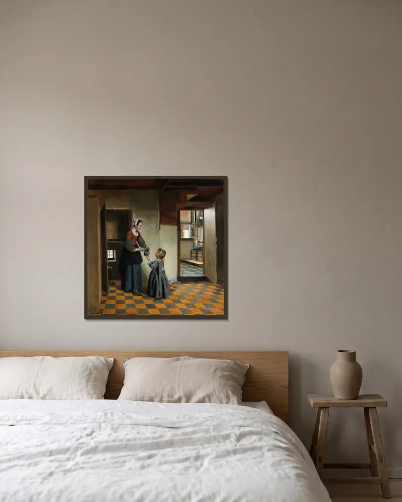 Woman with a Child in a Pantry av Pieter De Hooch inramad på en vägg
