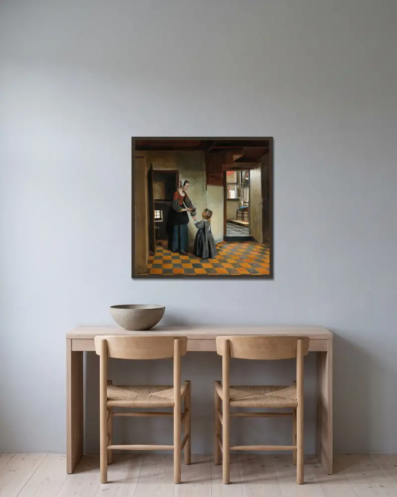 Woman with a Child in a Pantry av Pieter De Hooch inramad på en vägg