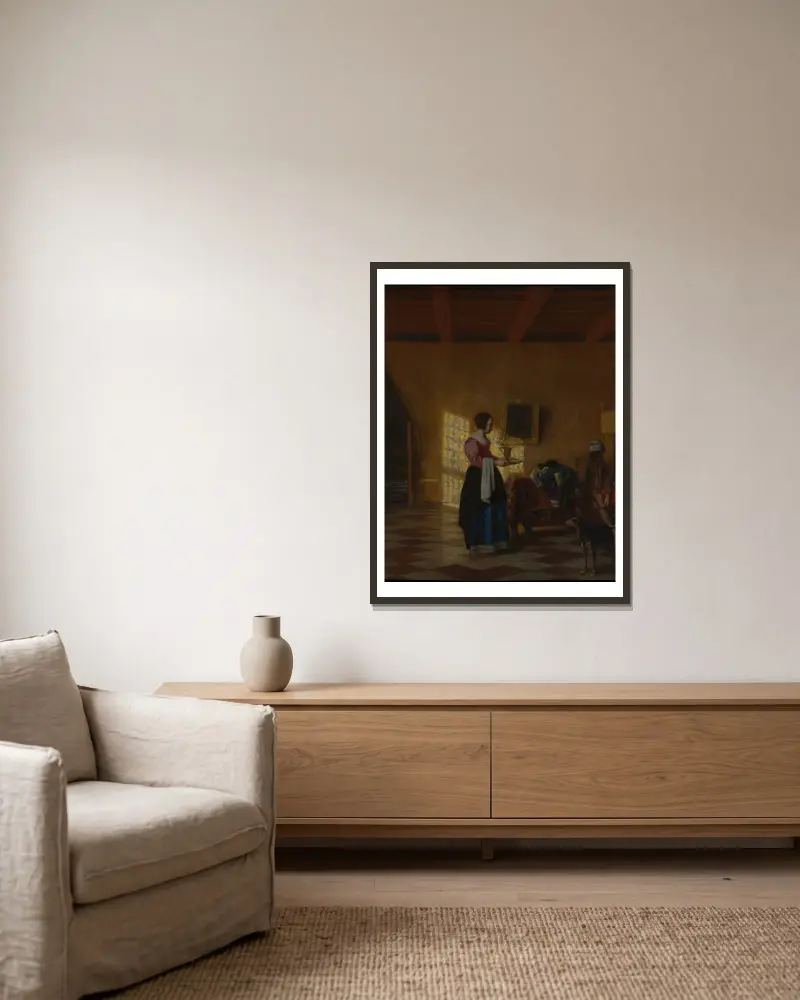 Kvinna med vattenkanna, och en man vid en säng av Pieter De Hooch inramad på en vägg