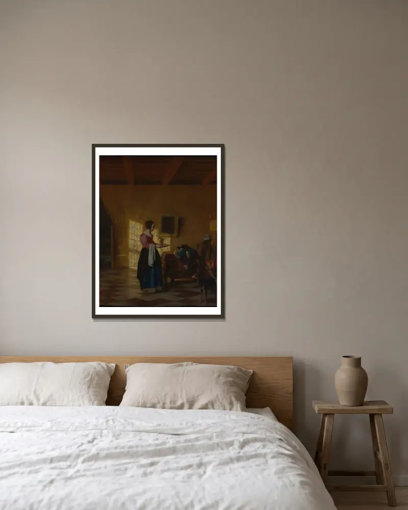 Kvinna med vattenkanna, och en man vid en säng av Pieter De Hooch inramad på en vägg