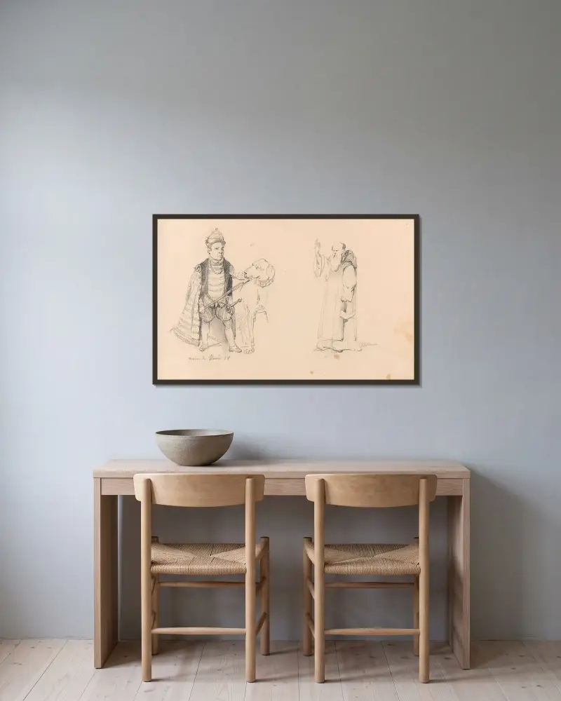 Der Zwerg des Kardinals Granvelle und ein stehender Mönch von Nicaise De Keyser gerahmt an einer Wand