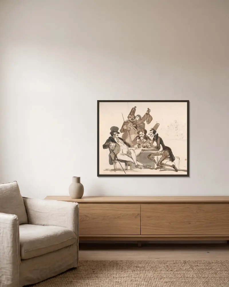 Karikaturen und zwei Figuren von Nicaise De Keyser gerahmt an einer Wand