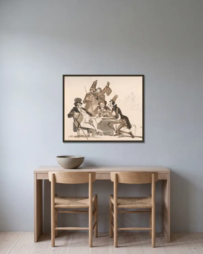 Karikaturen und zwei Figuren von Nicaise De Keyser gerahmt an einer Wand