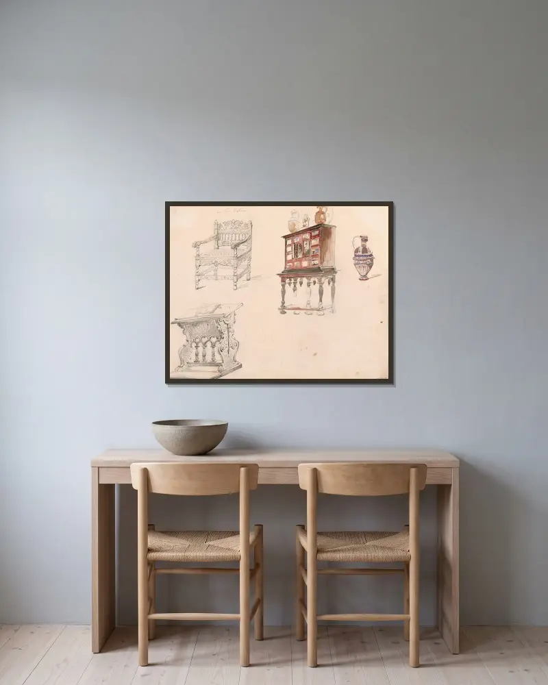 Stuhl, Betschemel, Schrank und Kanne von Nicaise De Keyser gerahmt an einer Wand