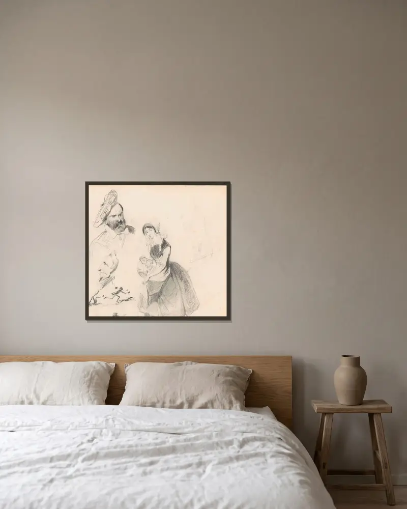 Studie figur a karikatury, Nicaise De Keyser v rámu na stěně