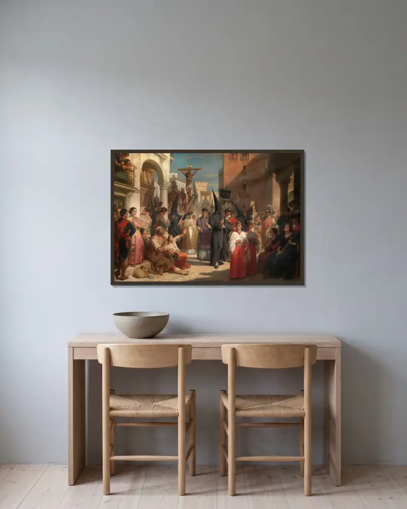 Karfreitagsprozession in Sevilla von Nicaise De Keyser gerahmt an einer Wand