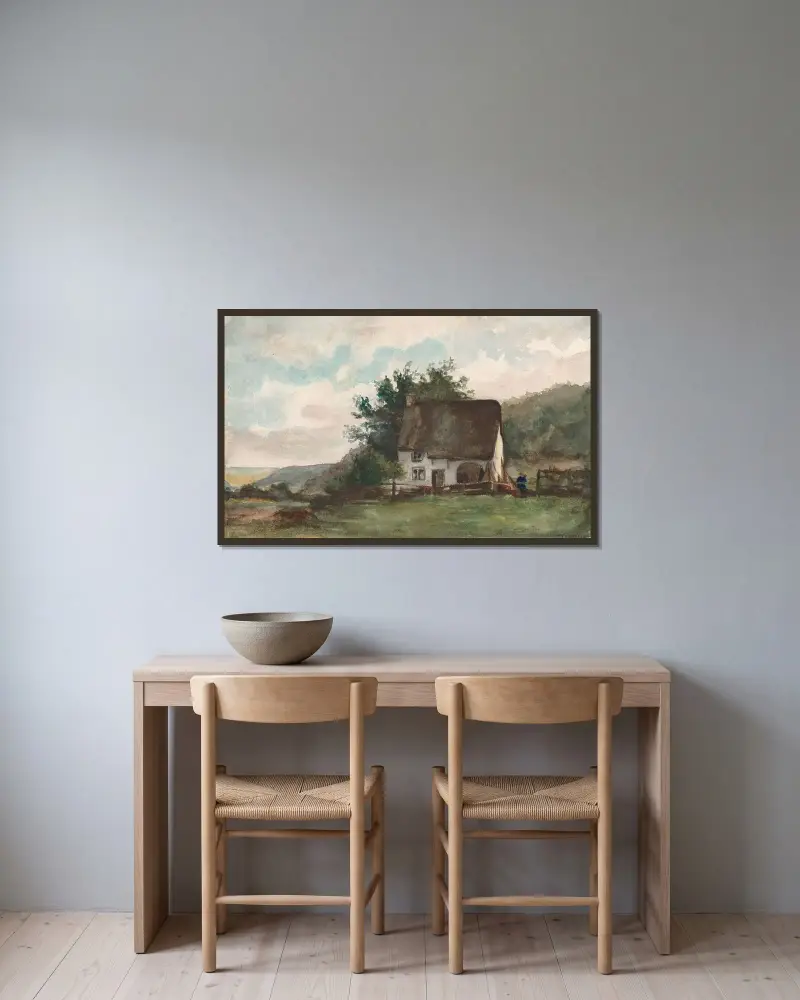 Landskap med hus 2 av Nicaise De Keyser inramad på en vägg