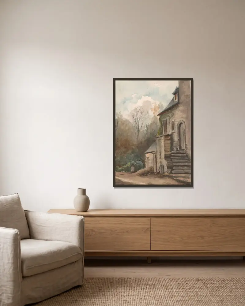 Landschaft mit Haus 3 von Nicaise De Keyser gerahmt an einer Wand