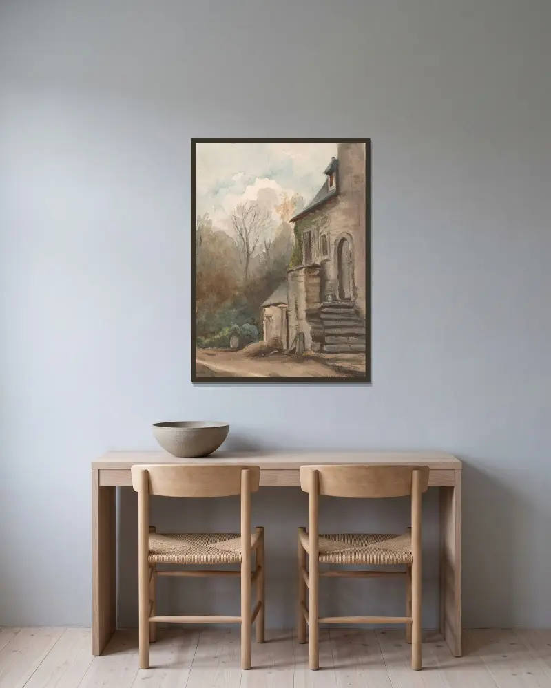 Landschaft mit Haus 3 von Nicaise De Keyser gerahmt an einer Wand
