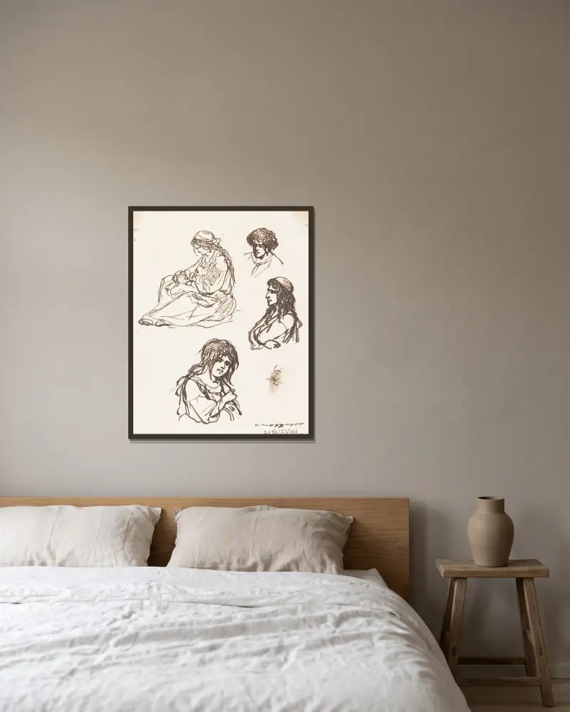Mutter und Kind mit drei Büsten von Nicaise De Keyser gerahmt an einer Wand