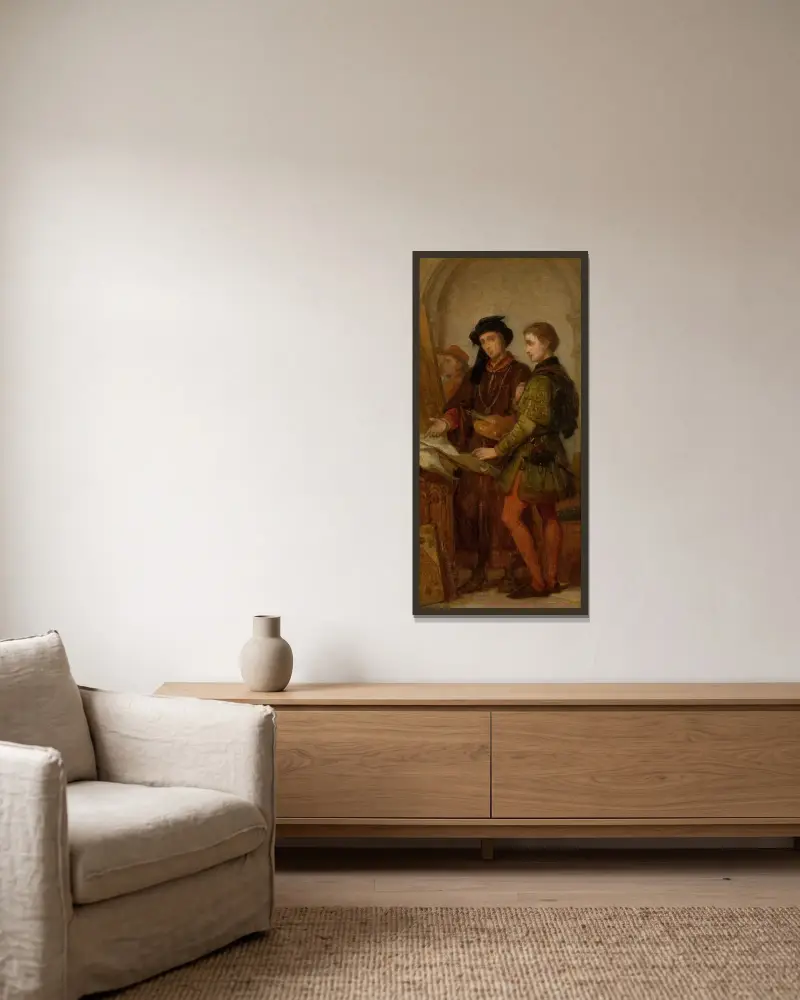 Målarna Jan van Eyck och Rogier van der Weyden av Nicaise De Keyser inramad på en vägg