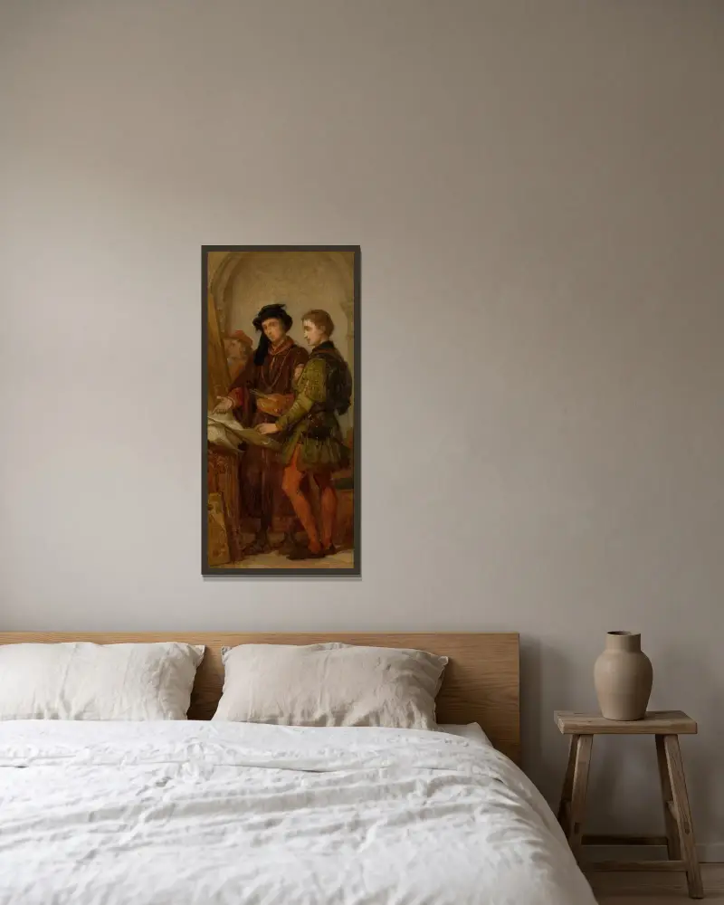 Målarna Jan van Eyck och Rogier van der Weyden av Nicaise De Keyser inramad på en vägg
