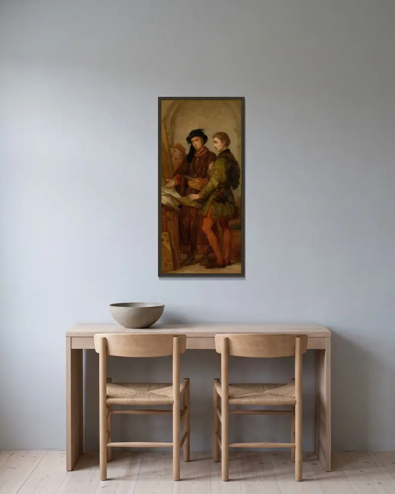Målarna Jan van Eyck och Rogier van der Weyden av Nicaise De Keyser inramad på en vägg