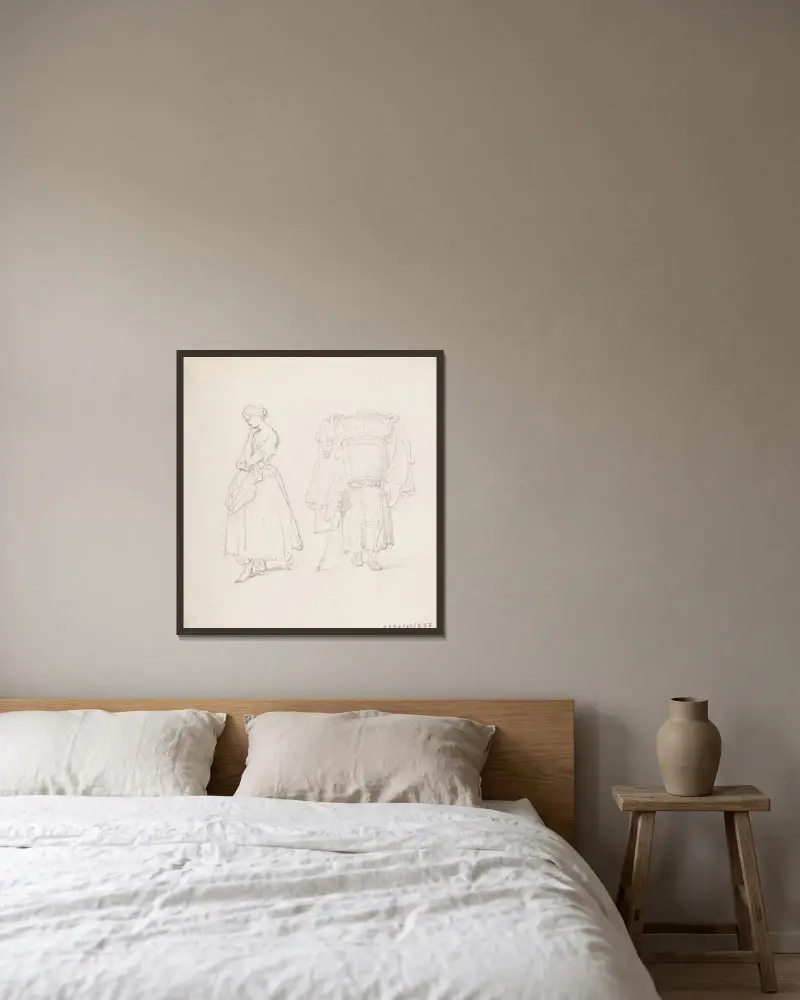 Kvinna och resande köpman av Nicaise De Keyser inramad på en vägg
