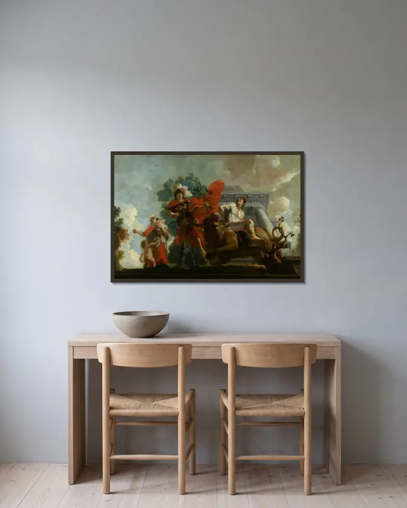 Fortitudo breidelt de zotheid ; Allegorische voorstelling van de verzorging van leprozen en onnozelen av Gerard de Lairesse inramad på en vägg