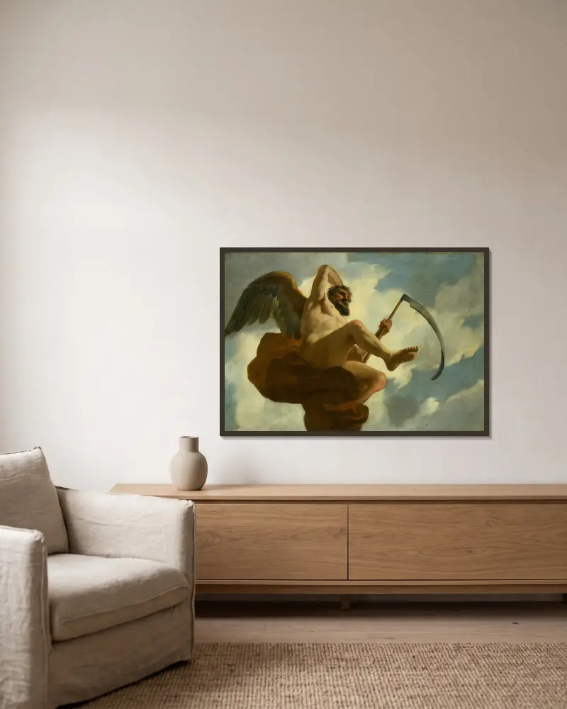 Saturnus ; Allegorische voorstelling van de verzorging van leprozen en onnozelen av Gerard de Lairesse inramad på en vägg