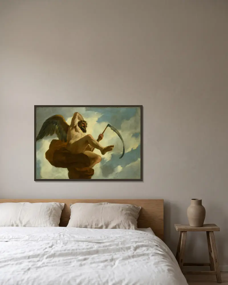 Saturnus ; Allegorische voorstelling van de verzorging van leprozen en onnozelen av Gerard de Lairesse inramad på en vägg
