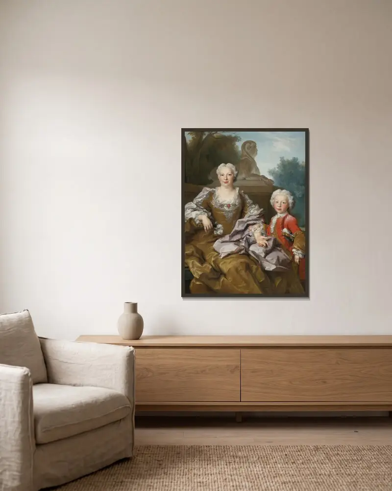 Madame Bertin och hennes son Balthazar Bruno av Nicolas de Largillière inramad på en vägg