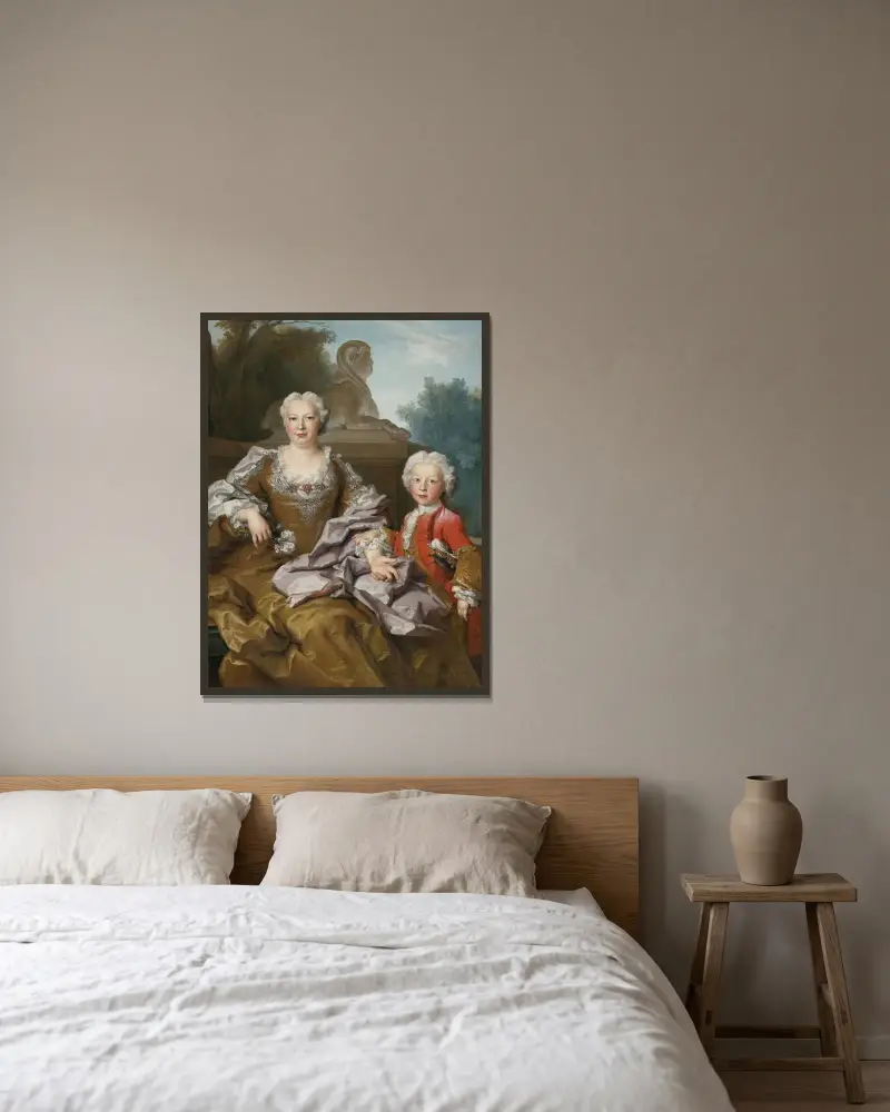 Madame Bertin och hennes son Balthazar Bruno av Nicolas de Largillière inramad på en vägg