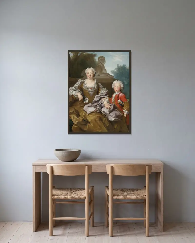Madame Bertin och hennes son Balthazar Bruno av Nicolas de Largillière inramad på en vägg