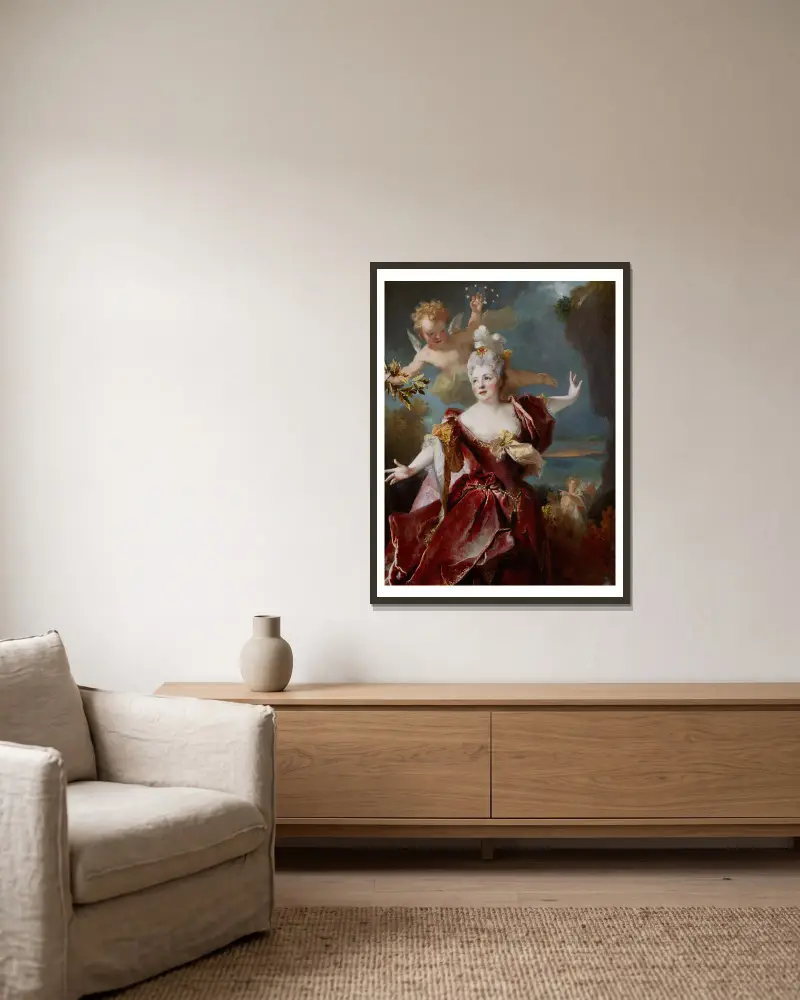 Portrait de la comédienne Marie-Anne de Châteauneuf, dite Mlle Duclos (1664-1747), dans le rôle d’Ariane av Nicolas de Largillière inramad på en vägg