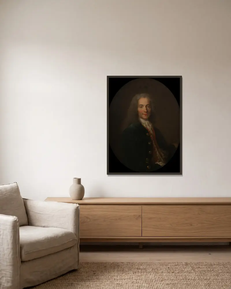 Portrait de Voltaire (1694-1778) en 1718 av Nicolas de Largillière inramad på en vägg