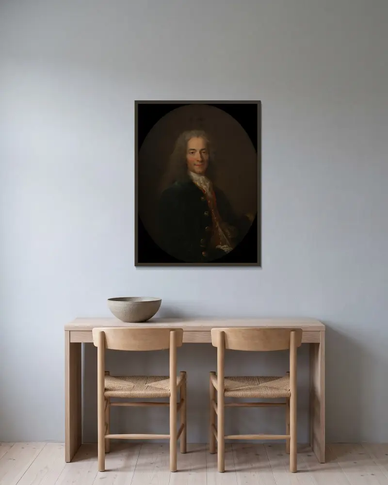 Portrait de Voltaire (1694-1778) en 1718 av Nicolas de Largillière inramad på en vägg