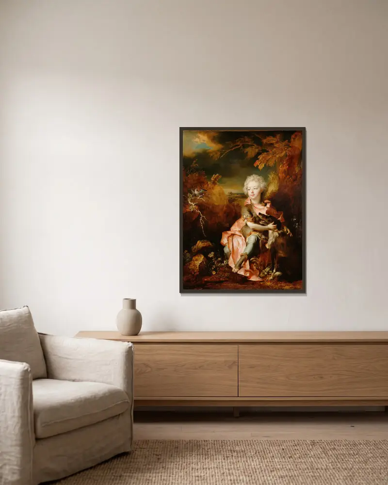 Porträt eines Jungen in Prunkkleidung von Nicolas de Largillière gerahmt an einer Wand