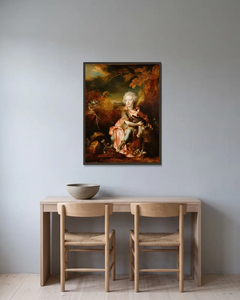 Porträt eines Jungen in Prunkkleidung von Nicolas de Largillière gerahmt an einer Wand