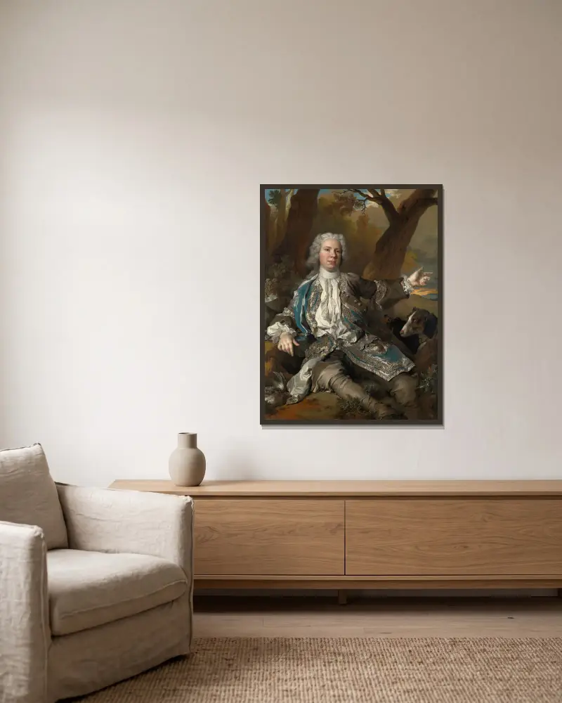 Portrait of a gentleman in hunting costume av Nicolas de Largillière inramad på en vägg