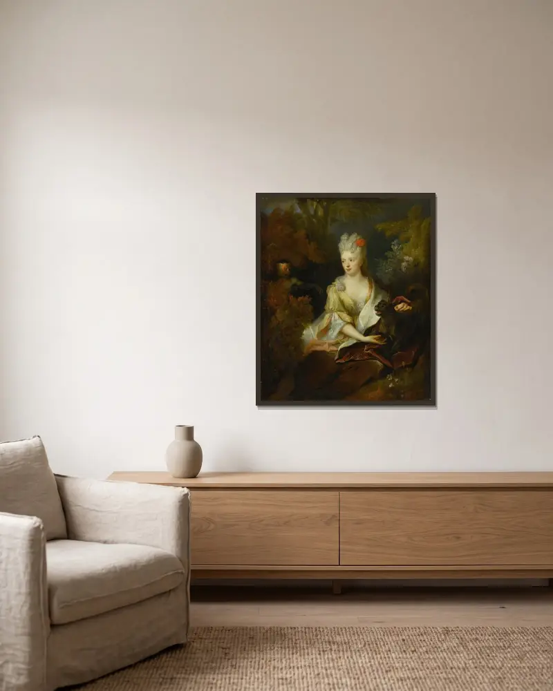Porträt einer Dame, in einer Landschaft sitzend, mit ihrem Hund und einem Affen von Nicolas de Largillière gerahmt an einer Wand
