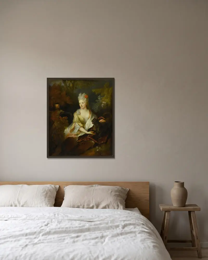 Porträt einer Dame, in einer Landschaft sitzend, mit ihrem Hund und einem Affen von Nicolas de Largillière gerahmt an einer Wand