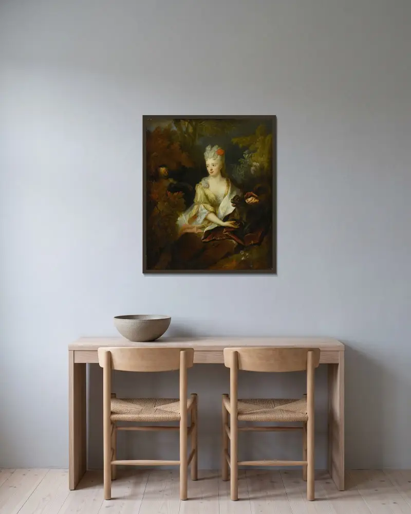 Porträt einer Dame, in einer Landschaft sitzend, mit ihrem Hund und einem Affen von Nicolas de Largillière gerahmt an einer Wand