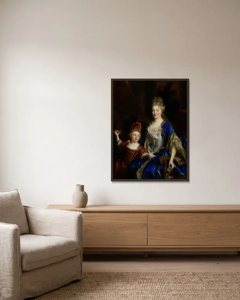 Portrait of Catherine Coustard, Marquise of Castelnau, Wife of Charles-Léonor Aubry with Her Son Léonor av Nicolas de Largillière inramad på en vägg