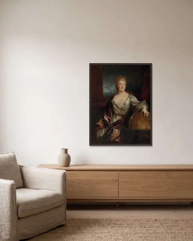 Portrait of Gabrielle-Émilie le Tonnelier de Breteuil, Marquise du Châtelet av Nicolas de Largillière inramad på en vägg