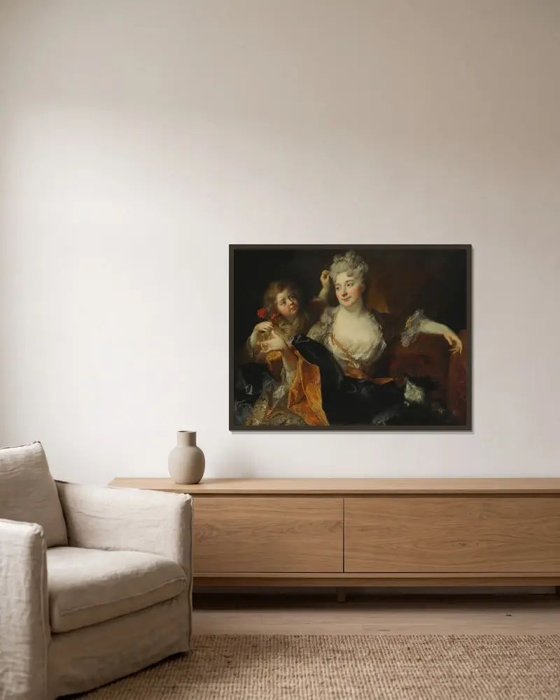 Porträtt av Marguerite-Elisabeth Forest de Largillierre och hennes son Nicolas av Nicolas de Largillière inramad på en vägg