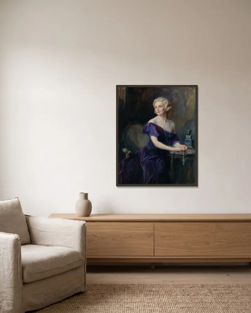Mrs Philip Astley (geb. Madeleine Carroll, 1906–1987) von Philip Alexius de László gerahmt an einer Wand