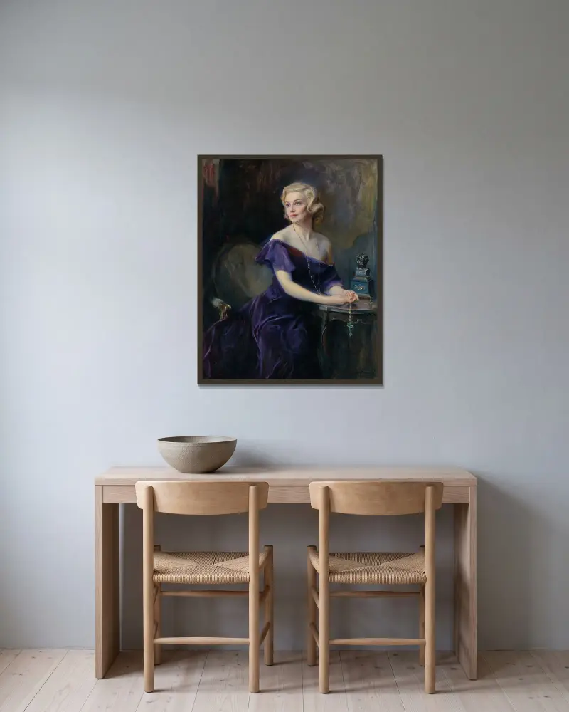 Mrs Philip Astley (geb. Madeleine Carroll, 1906–1987) von Philip Alexius de László gerahmt an einer Wand
