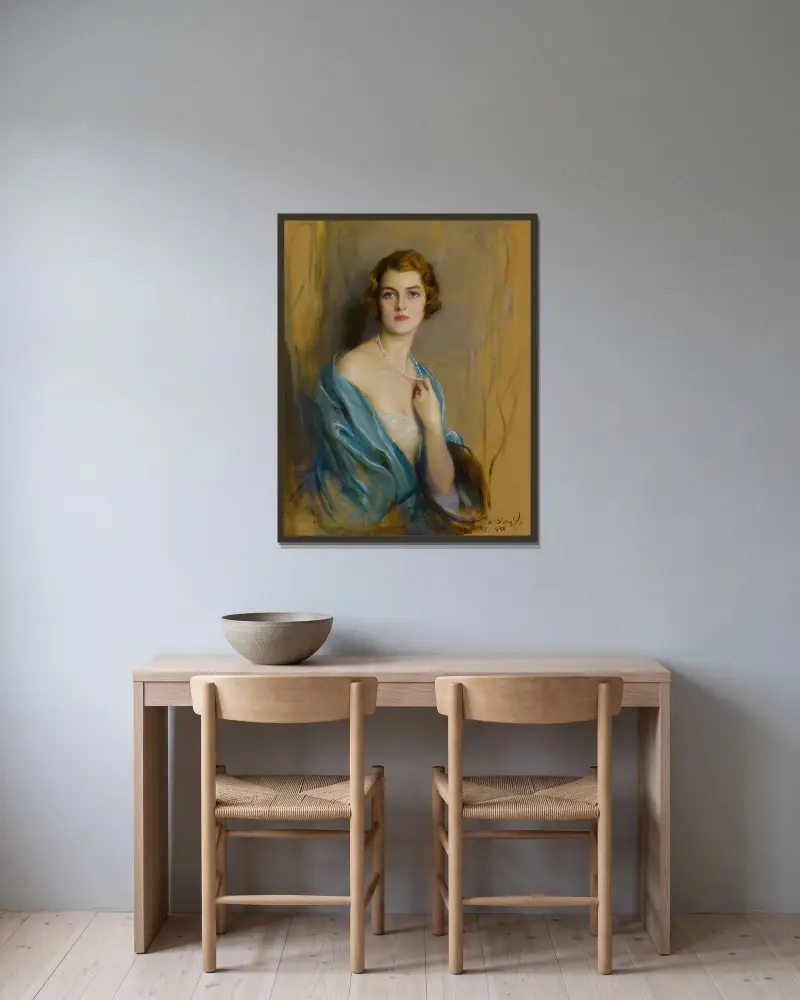 Mrs. William Burden, A. M. (née Margaret Livingston Partridge) av Philip Alexius de László inramad på en vägg