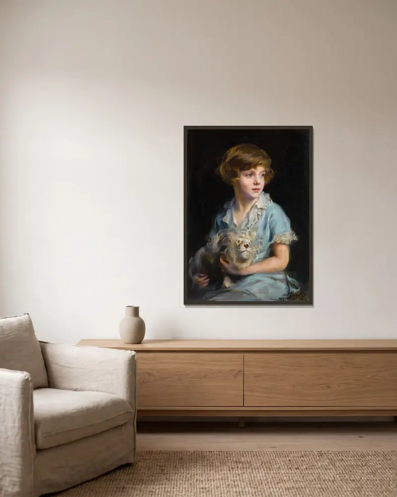 Porträt eines Kindes mit einem Steiff-Löwen von Philip Alexius de László gerahmt an einer Wand